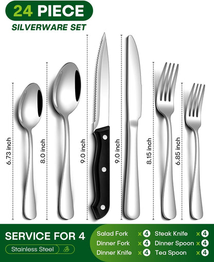 24 Piece Silverware Set with Steak Knives, Stainless Steel Flatware Set for 4 Food Grade Novelty Flatware Cutlery Utensil Set Include Knife Fork Spoon Mirror Polished Dishwasher Safe