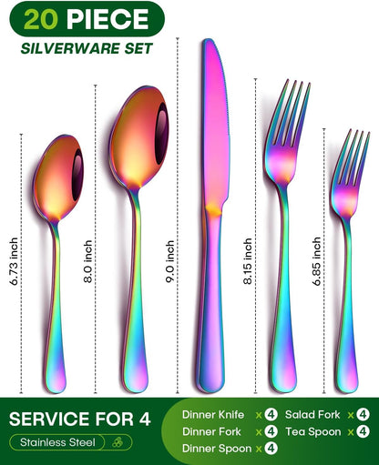 24 Piece Silverware Set with Steak Knives, Stainless Steel Flatware Set for 4 Food Grade Novelty Flatware Cutlery Utensil Set Include Knife Fork Spoon Mirror Polished Dishwasher Safe