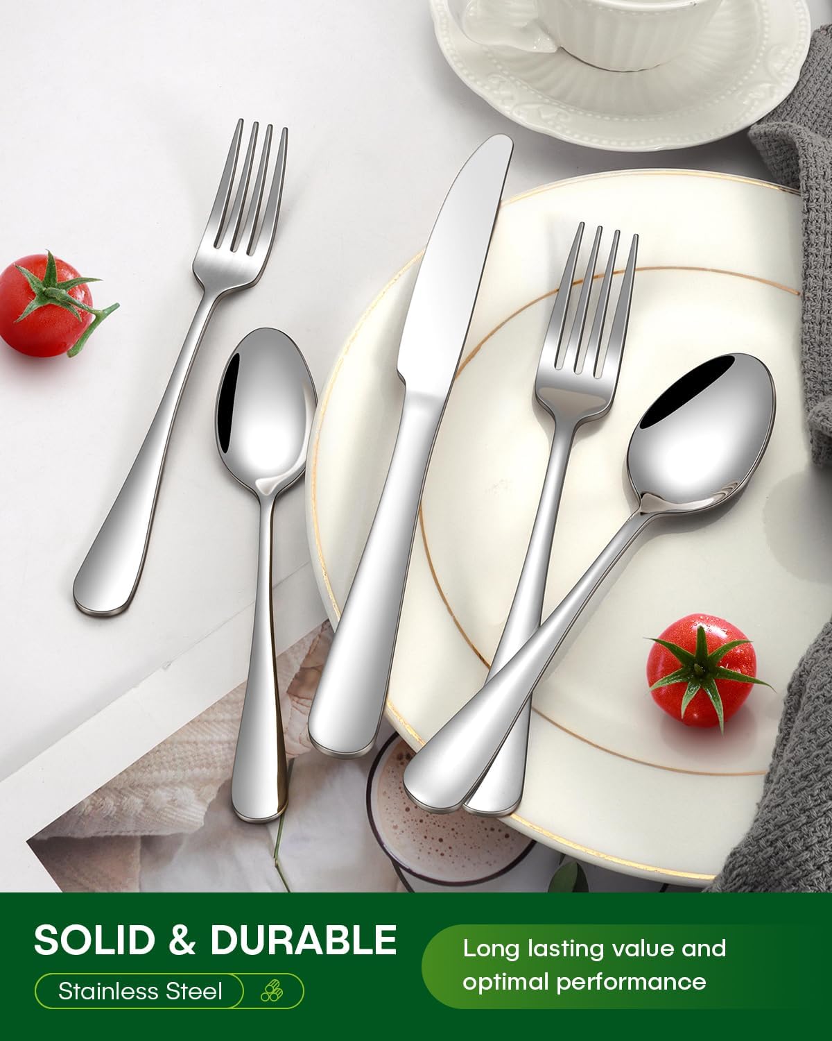 24 Piece Silverware Set with Steak Knives, Stainless Steel Flatware Set for 4 Food Grade Novelty Flatware Cutlery Utensil Set Include Knife Fork Spoon Mirror Polished Dishwasher Safe