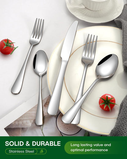 24 Piece Silverware Set with Steak Knives, Stainless Steel Flatware Set for 4 Food Grade Novelty Flatware Cutlery Utensil Set Include Knife Fork Spoon Mirror Polished Dishwasher Safe