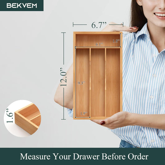 Small Silverware Organizer, Bamboo Kitchen Drawer Organizer, Utensil Holder, Cutlery Tray & Spoon Flatware Storage with Grooved Drawer Dividers (6.7''W x 12''D)