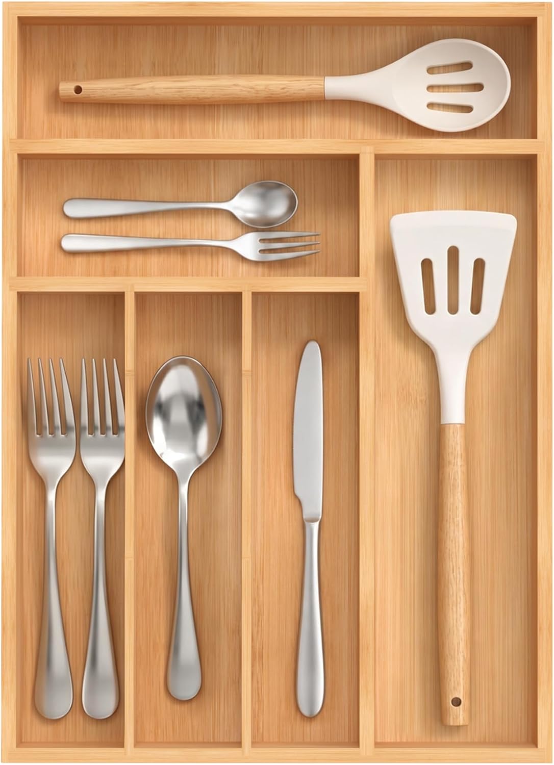 Small Silverware Organizer, Bamboo Kitchen Drawer Organizer, Utensil Holder, Cutlery Tray & Spoon Flatware Storage with Grooved Drawer Dividers (6.7''W x 12''D)