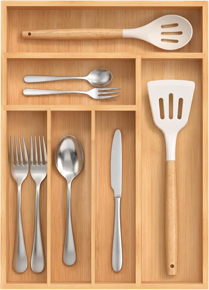 Small Silverware Organizer, Bamboo Kitchen Drawer Organizer, Utensil Holder, Cutlery Tray & Spoon Flatware Storage with Grooved Drawer Dividers (6.7''W x 12''D)