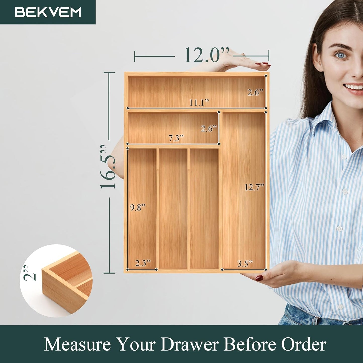 Small Silverware Organizer, Bamboo Kitchen Drawer Organizer, Utensil Holder, Cutlery Tray & Spoon Flatware Storage with Grooved Drawer Dividers (6.7''W x 12''D)