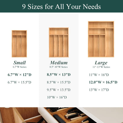 Small Silverware Organizer, Bamboo Kitchen Drawer Organizer, Utensil Holder, Cutlery Tray & Spoon Flatware Storage with Grooved Drawer Dividers (6.7''W x 12''D)