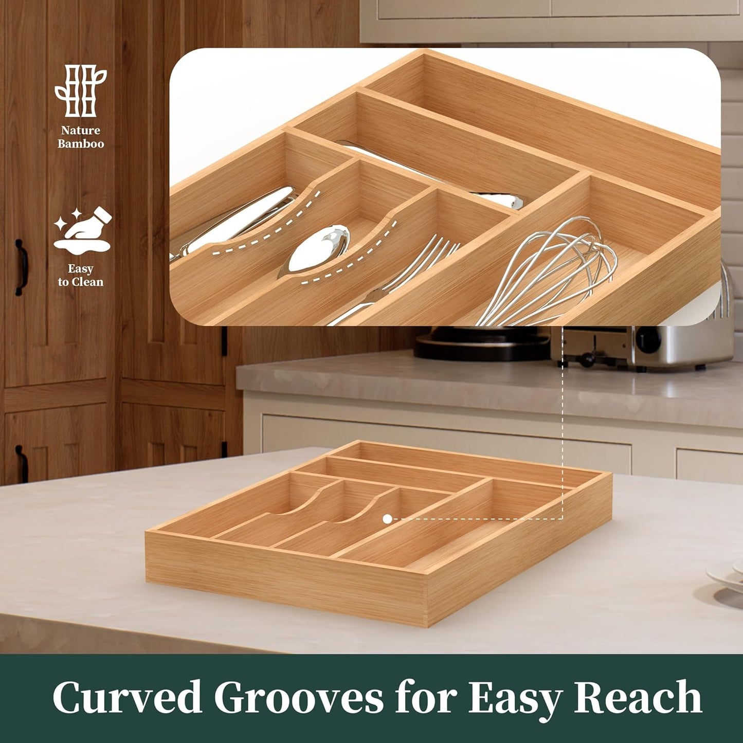 Small Silverware Organizer, Bamboo Kitchen Drawer Organizer, Utensil Holder, Cutlery Tray & Spoon Flatware Storage with Grooved Drawer Dividers (6.7''W x 12''D)