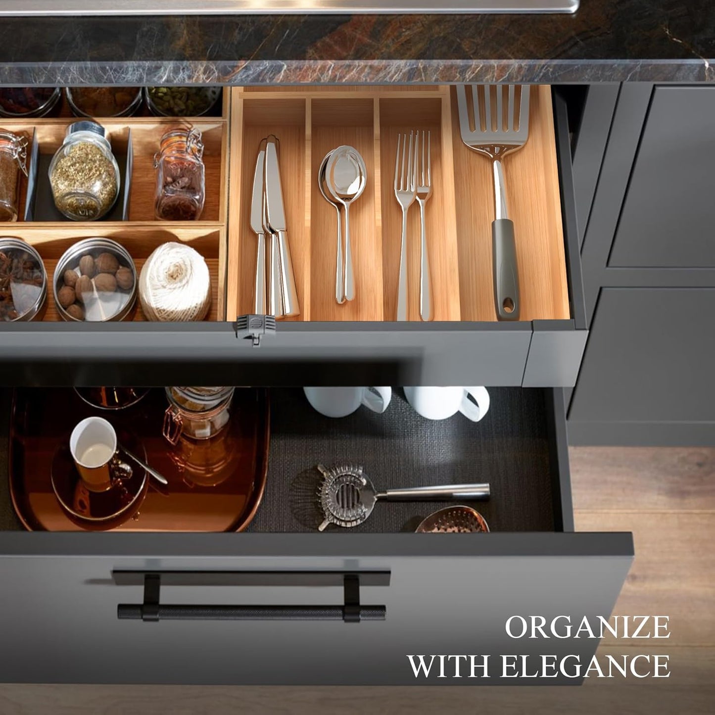 Small Silverware Organizer, Bamboo Kitchen Drawer Organizer, Utensil Holder, Cutlery Tray & Spoon Flatware Storage with Grooved Drawer Dividers (6.7''W x 12''D)