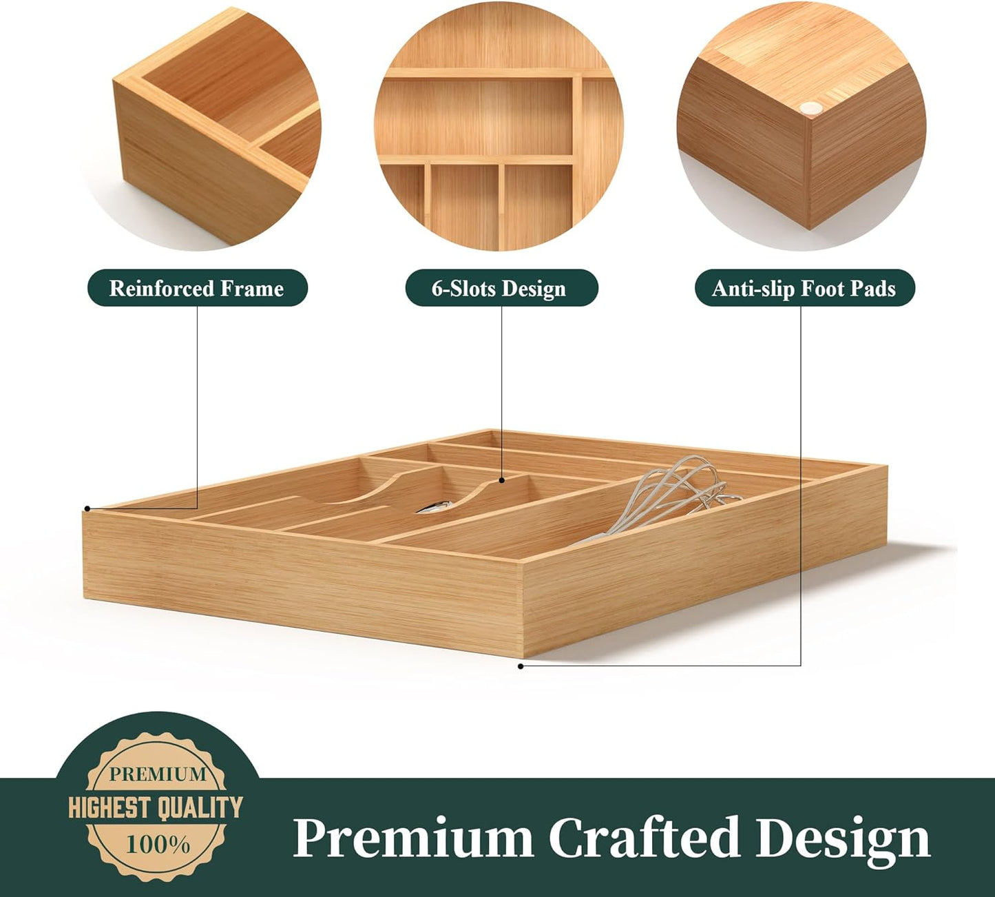 Small Silverware Organizer, Bamboo Kitchen Drawer Organizer, Utensil Holder, Cutlery Tray & Spoon Flatware Storage with Grooved Drawer Dividers (6.7''W x 12''D)