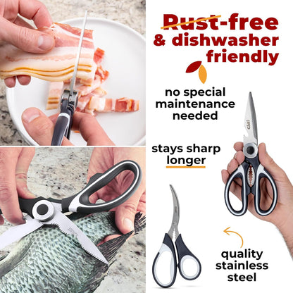 Kitchen Shears & Seafood Scissors Set - Lifetime Replace. Warranty* | Heavy Duty Utility Stainless Steel All Purpose Ultra Sharp Scissors for Meat, Poultry, Food & Cooking - Dishwasher Safe