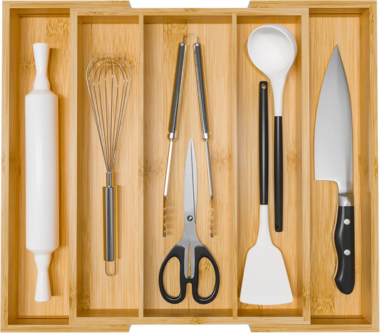 Bamboo Utensil Organizer Cutlery Organizer - Expandable 5 Slots Multipurpose Kitchen Drawer Organizer for Large Cooking Utensils, Baking Tools, Knife Set W13.7"-19.9" x L17.6" X H2.5"(Yellow)