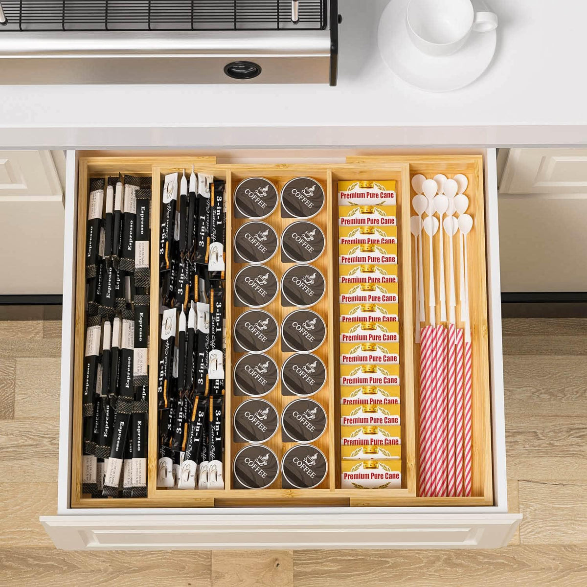 Bamboo Utensil Organizer Cutlery Organizer - Expandable 5 Slots Multipurpose Kitchen Drawer Organizer for Large Cooking Utensils, Baking Tools, Knife Set W13.7"-19.9" x L17.6" X H2.5"(Yellow)