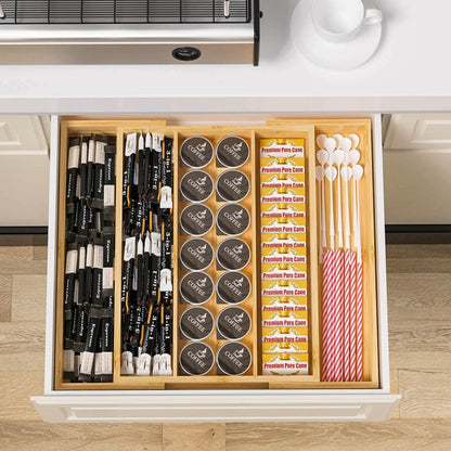 Bamboo Utensil Organizer Cutlery Organizer - Expandable 5 Slots Multipurpose Kitchen Drawer Organizer for Large Cooking Utensils, Baking Tools, Knife Set W13.7"-19.9" x L17.6" X H2.5"(Yellow)