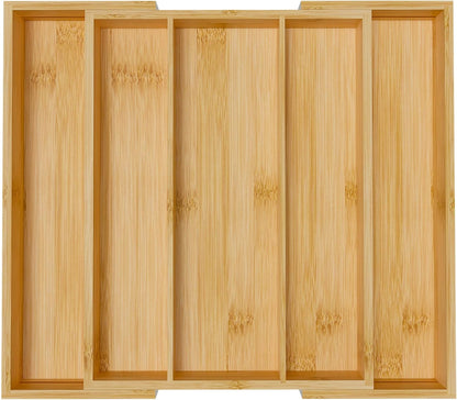 Bamboo Utensil Organizer Cutlery Organizer - Expandable 5 Slots Multipurpose Kitchen Drawer Organizer for Large Cooking Utensils, Baking Tools, Knife Set W13.7"-19.9" x L17.6" X H2.5"(Yellow)