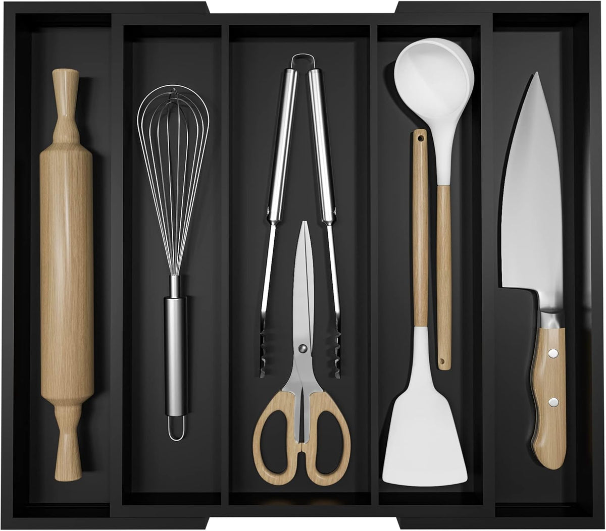 Bamboo Utensil Organizer Cutlery Organizer - Expandable 5 Slots Multipurpose Kitchen Drawer Organizer for Large Cooking Utensils, Baking Tools, Knife Set W13.7"-19.9" x L17.6" X H2.5"(Yellow)