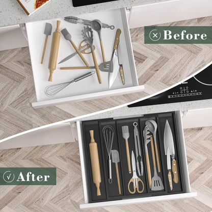 Bamboo Utensil Organizer Cutlery Organizer - Expandable 5 Slots Multipurpose Kitchen Drawer Organizer for Large Cooking Utensils, Baking Tools, Knife Set W13.7"-19.9" x L17.6" X H2.5"(Yellow)