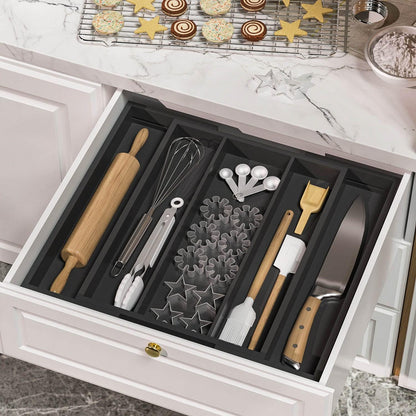 Bamboo Utensil Organizer Cutlery Organizer - Expandable 5 Slots Multipurpose Kitchen Drawer Organizer for Large Cooking Utensils, Baking Tools, Knife Set W13.7"-19.9" x L17.6" X H2.5"(Yellow)