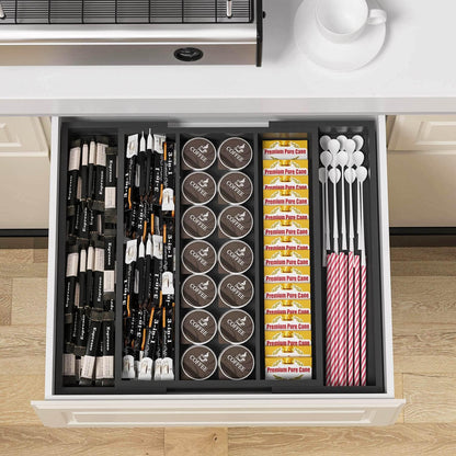 Bamboo Utensil Organizer Cutlery Organizer - Expandable 5 Slots Multipurpose Kitchen Drawer Organizer for Large Cooking Utensils, Baking Tools, Knife Set W13.7"-19.9" x L17.6" X H2.5"(Yellow)