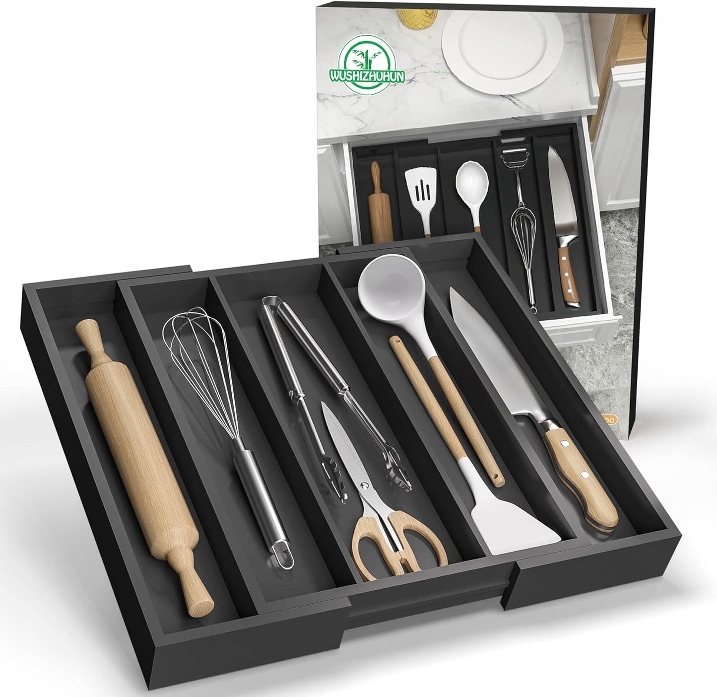 Bamboo Utensil Organizer Cutlery Organizer - Expandable 5 Slots Multipurpose Kitchen Drawer Organizer for Large Cooking Utensils, Baking Tools, Knife Set W13.7"-19.9" x L17.6" X H2.5"(Yellow)
