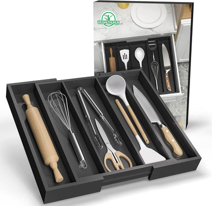 Bamboo Utensil Organizer Cutlery Organizer - Expandable 5 Slots Multipurpose Kitchen Drawer Organizer for Large Cooking Utensils, Baking Tools, Knife Set W13.7"-19.9" x L17.6" X H2.5"(Yellow)