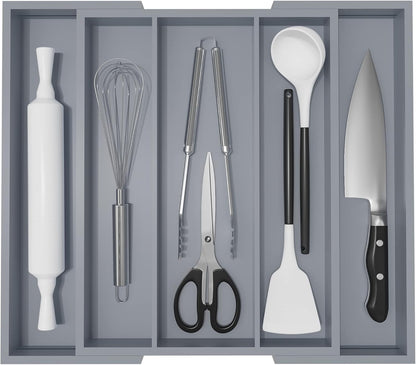 Bamboo Utensil Organizer Cutlery Organizer - Expandable 5 Slots Multipurpose Kitchen Drawer Organizer for Large Cooking Utensils, Baking Tools, Knife Set W13.7"-19.9" x L17.6" X H2.5"(Yellow)