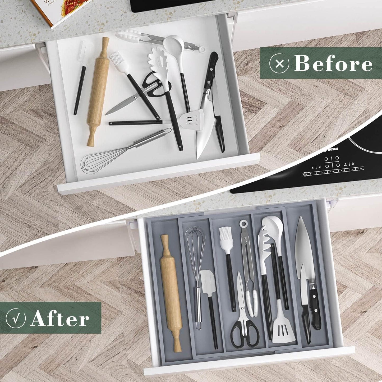Bamboo Utensil Organizer Cutlery Organizer - Expandable 5 Slots Multipurpose Kitchen Drawer Organizer for Large Cooking Utensils, Baking Tools, Knife Set W13.7"-19.9" x L17.6" X H2.5"(Yellow)