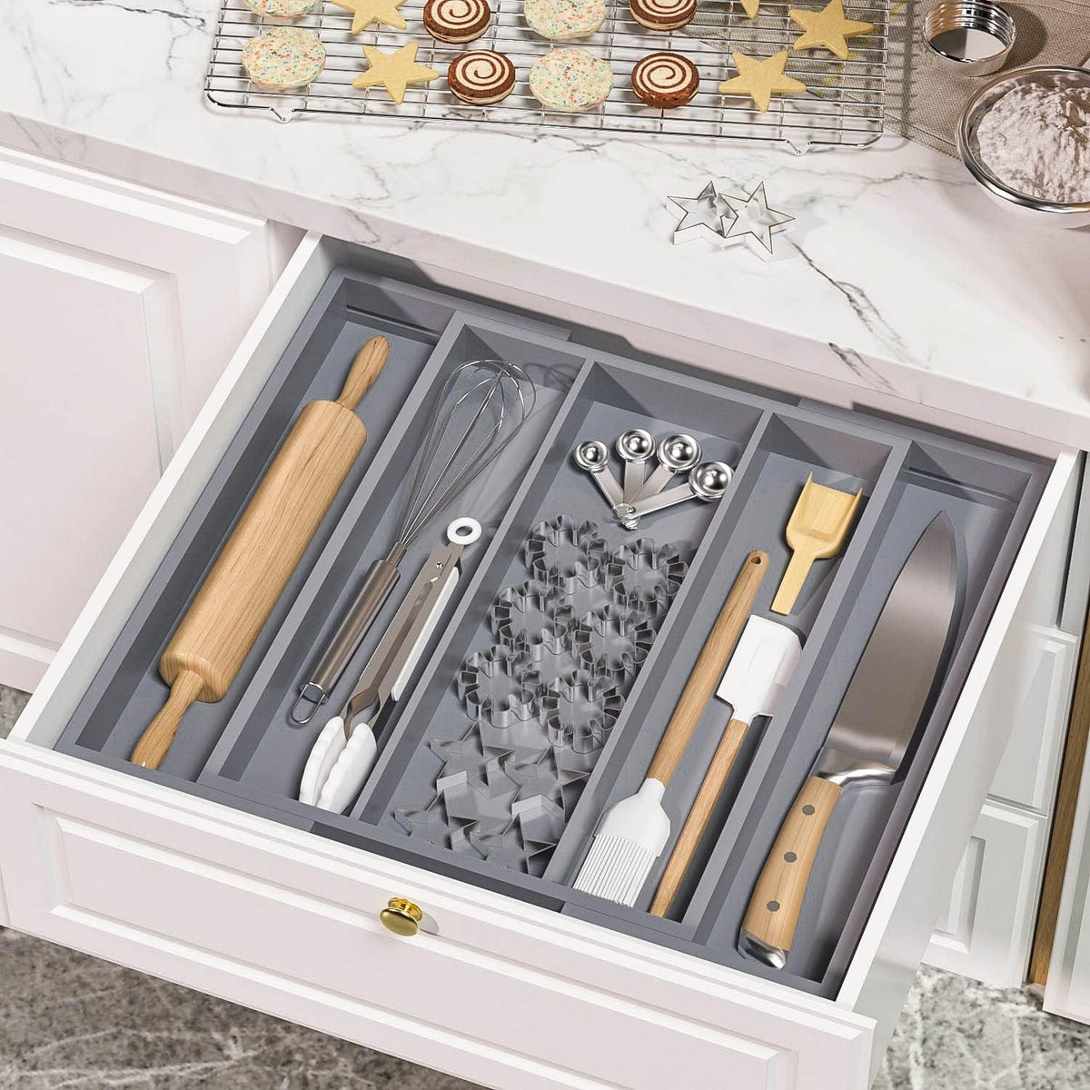 Bamboo Utensil Organizer Cutlery Organizer - Expandable 5 Slots Multipurpose Kitchen Drawer Organizer for Large Cooking Utensils, Baking Tools, Knife Set W13.7"-19.9" x L17.6" X H2.5"(Yellow)
