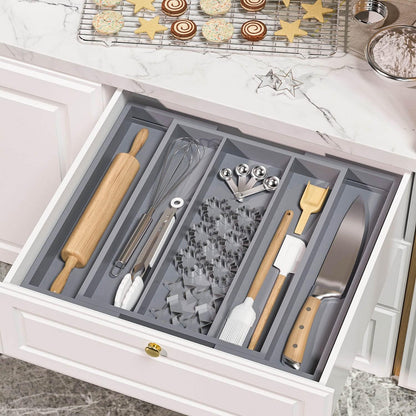 Bamboo Utensil Organizer Cutlery Organizer - Expandable 5 Slots Multipurpose Kitchen Drawer Organizer for Large Cooking Utensils, Baking Tools, Knife Set W13.7"-19.9" x L17.6" X H2.5"(Yellow)