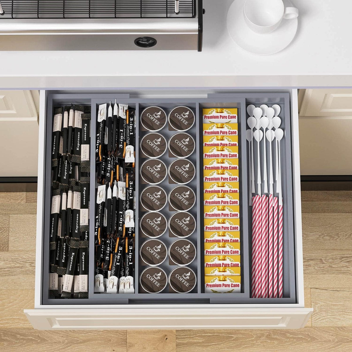 Bamboo Utensil Organizer Cutlery Organizer - Expandable 5 Slots Multipurpose Kitchen Drawer Organizer for Large Cooking Utensils, Baking Tools, Knife Set W13.7"-19.9" x L17.6" X H2.5"(Yellow)