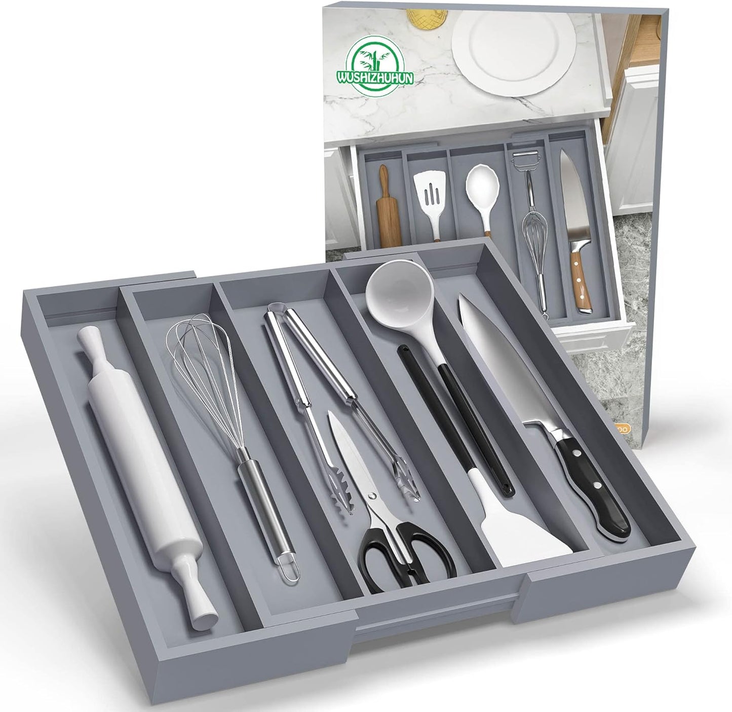 Bamboo Utensil Organizer Cutlery Organizer - Expandable 5 Slots Multipurpose Kitchen Drawer Organizer for Large Cooking Utensils, Baking Tools, Knife Set W13.7"-19.9" x L17.6" X H2.5"(Yellow)