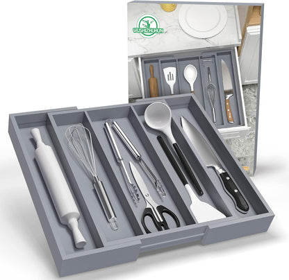 Bamboo Utensil Organizer Cutlery Organizer - Expandable 5 Slots Multipurpose Kitchen Drawer Organizer for Large Cooking Utensils, Baking Tools, Knife Set W13.7"-19.9" x L17.6" X H2.5"(Yellow)