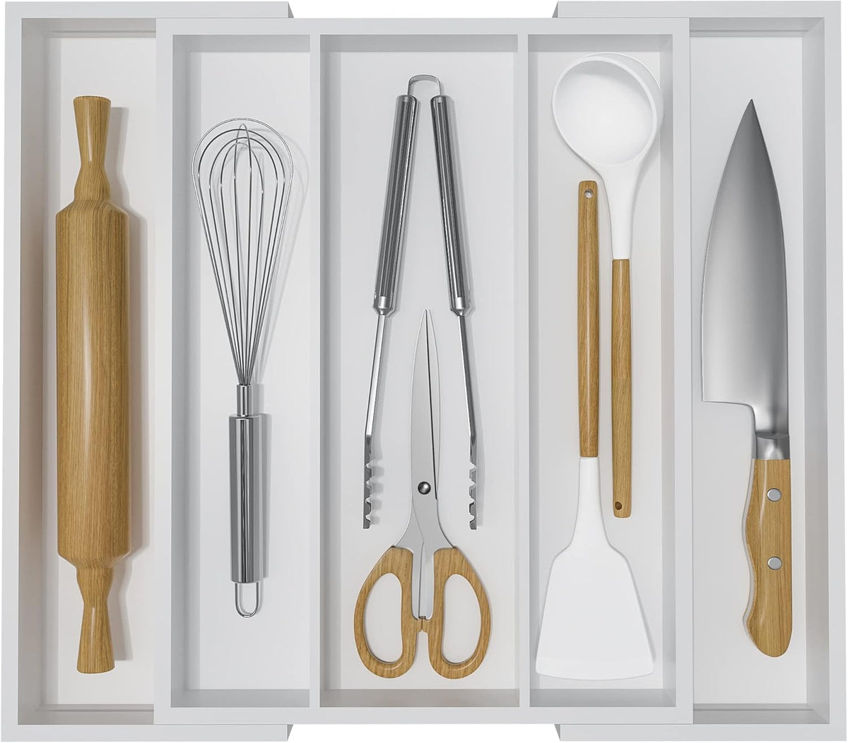 Bamboo Utensil Organizer Cutlery Organizer - Expandable 5 Slots Multipurpose Kitchen Drawer Organizer for Large Cooking Utensils, Baking Tools, Knife Set W13.7"-19.9" x L17.6" X H2.5"(Yellow)