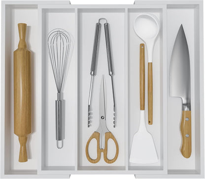 Bamboo Utensil Organizer Cutlery Organizer - Expandable 5 Slots Multipurpose Kitchen Drawer Organizer for Large Cooking Utensils, Baking Tools, Knife Set W13.7"-19.9" x L17.6" X H2.5"(Yellow)