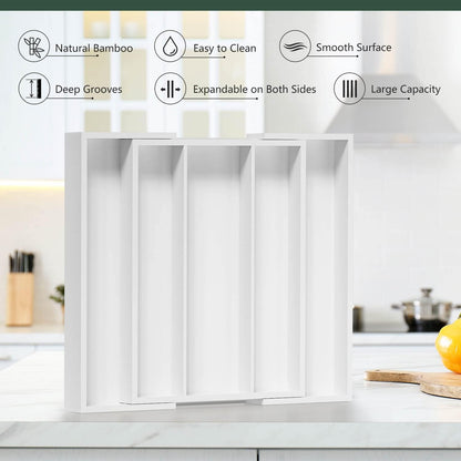 Bamboo Utensil Organizer Cutlery Organizer - Expandable 5 Slots Multipurpose Kitchen Drawer Organizer for Large Cooking Utensils, Baking Tools, Knife Set W13.7"-19.9" x L17.6" X H2.5"(Yellow)