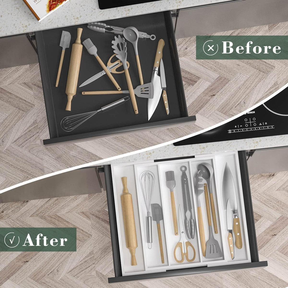 Bamboo Utensil Organizer Cutlery Organizer - Expandable 5 Slots Multipurpose Kitchen Drawer Organizer for Large Cooking Utensils, Baking Tools, Knife Set W13.7"-19.9" x L17.6" X H2.5"(Yellow)