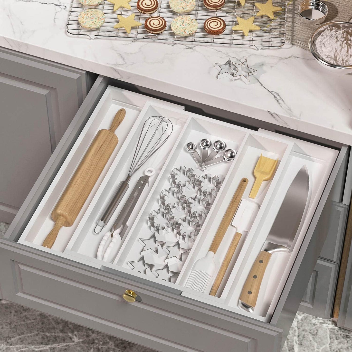 Bamboo Utensil Organizer Cutlery Organizer - Expandable 5 Slots Multipurpose Kitchen Drawer Organizer for Large Cooking Utensils, Baking Tools, Knife Set W13.7"-19.9" x L17.6" X H2.5"(Yellow)