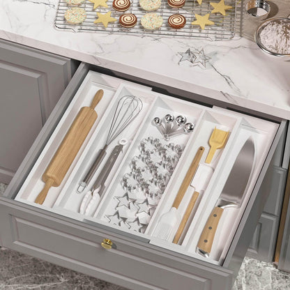 Bamboo Utensil Organizer Cutlery Organizer - Expandable 5 Slots Multipurpose Kitchen Drawer Organizer for Large Cooking Utensils, Baking Tools, Knife Set W13.7"-19.9" x L17.6" X H2.5"(Yellow)
