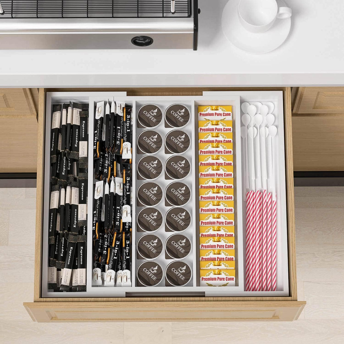 Bamboo Utensil Organizer Cutlery Organizer - Expandable 5 Slots Multipurpose Kitchen Drawer Organizer for Large Cooking Utensils, Baking Tools, Knife Set W13.7"-19.9" x L17.6" X H2.5"(Yellow)