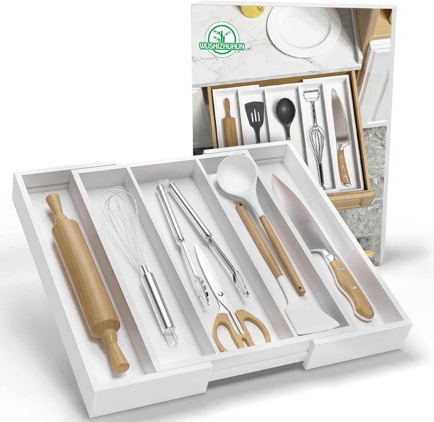 Bamboo Utensil Organizer Cutlery Organizer - Expandable 5 Slots Multipurpose Kitchen Drawer Organizer for Large Cooking Utensils, Baking Tools, Knife Set W13.7"-19.9" x L17.6" X H2.5"(Yellow)