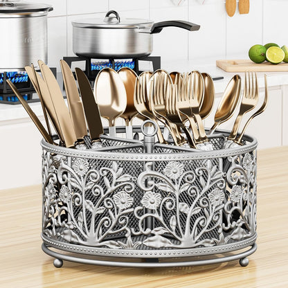 360° Rotating Utensil Caddy - Silverware Cutlery Caddy Holder with 4 Compartment, Metal Flatware Organizer Countertop with Handle for Party Camping Picnic, Kitchen Counter, Office (Silver)