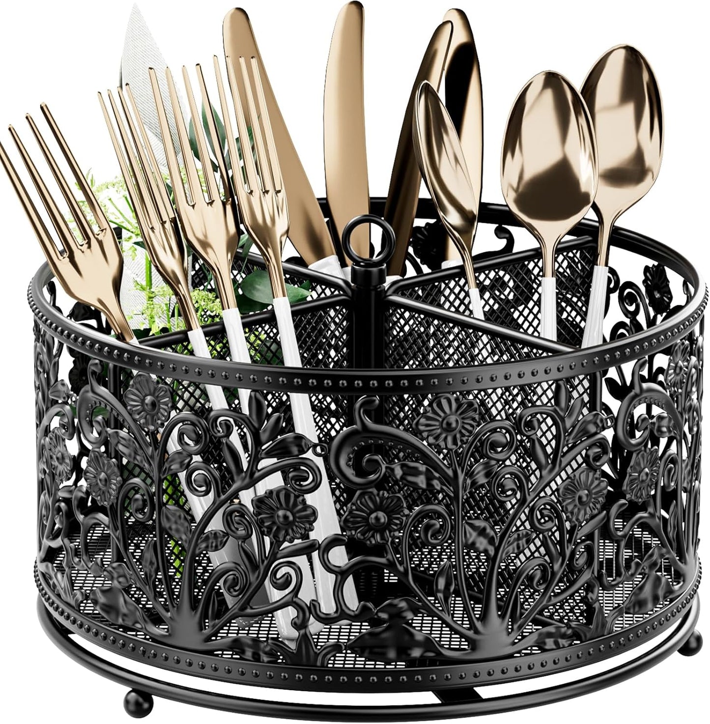 360° Rotating Utensil Caddy - Silverware Cutlery Caddy Holder with 4 Compartment, Metal Flatware Organizer Countertop with Handle for Party Camping Picnic, Kitchen Counter, Office (Silver)