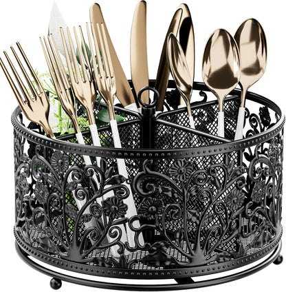 360° Rotating Utensil Caddy - Silverware Cutlery Caddy Holder with 4 Compartment, Metal Flatware Organizer Countertop with Handle for Party Camping Picnic, Kitchen Counter, Office (Silver)