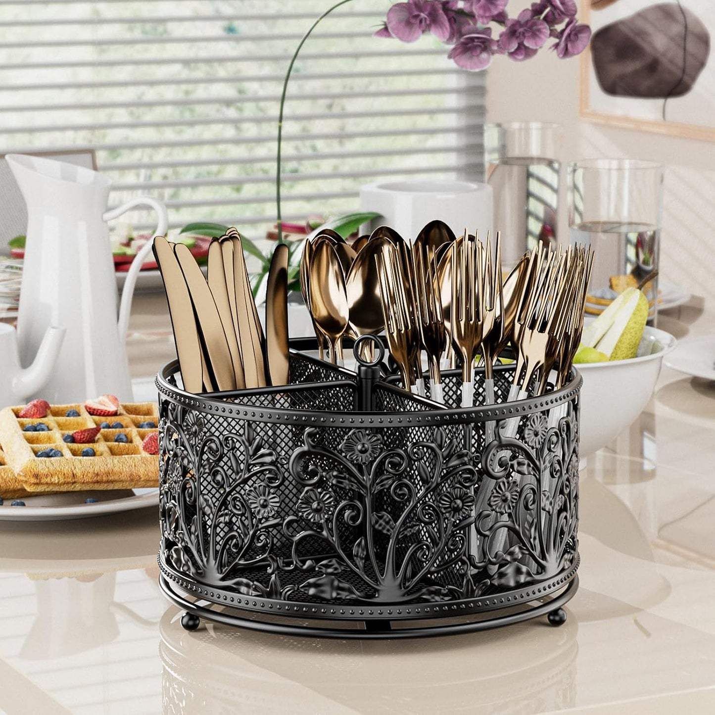 360° Rotating Utensil Caddy - Silverware Cutlery Caddy Holder with 4 Compartment, Metal Flatware Organizer Countertop with Handle for Party Camping Picnic, Kitchen Counter, Office (Silver)