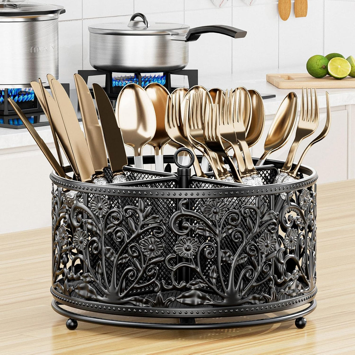 360° Rotating Utensil Caddy - Silverware Cutlery Caddy Holder with 4 Compartment, Metal Flatware Organizer Countertop with Handle for Party Camping Picnic, Kitchen Counter, Office (Silver)