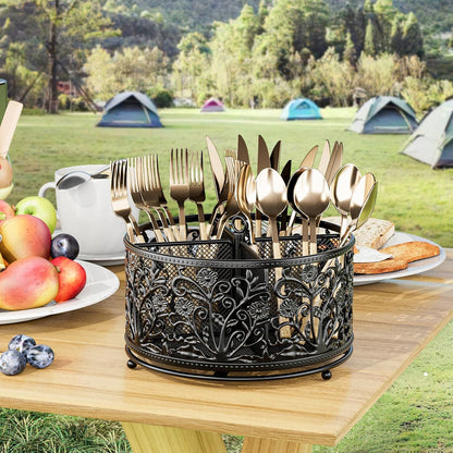 360° Rotating Utensil Caddy - Silverware Cutlery Caddy Holder with 4 Compartment, Metal Flatware Organizer Countertop with Handle for Party Camping Picnic, Kitchen Counter, Office (Silver)