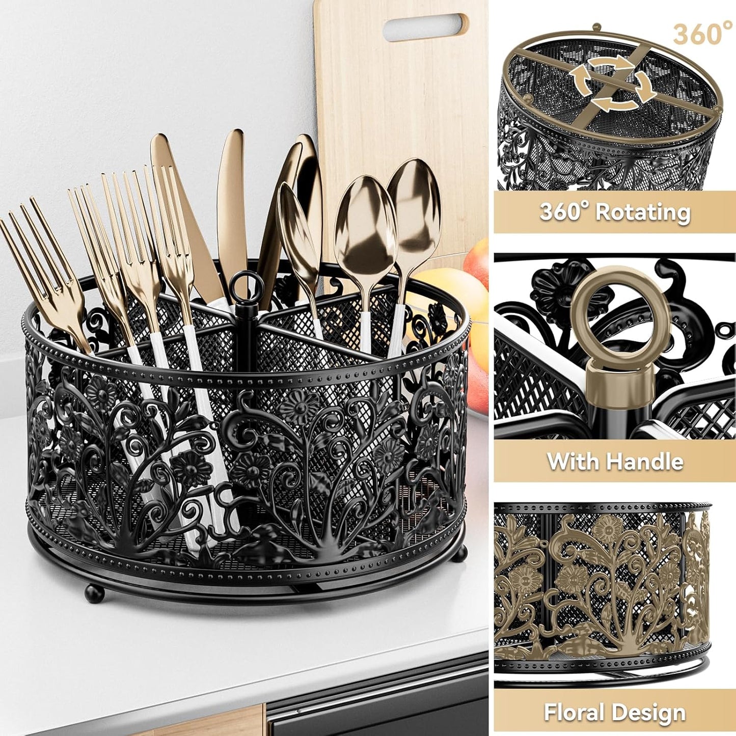 360° Rotating Utensil Caddy - Silverware Cutlery Caddy Holder with 4 Compartment, Metal Flatware Organizer Countertop with Handle for Party Camping Picnic, Kitchen Counter, Office (Silver)