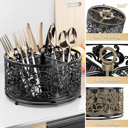 360° Rotating Utensil Caddy - Silverware Cutlery Caddy Holder with 4 Compartment, Metal Flatware Organizer Countertop with Handle for Party Camping Picnic, Kitchen Counter, Office (Silver)