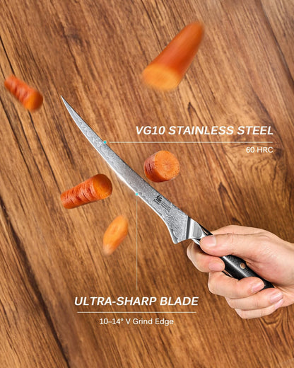 Gin Series Boning Knife, 7" Butcher Knife, Japanese VG10 Damascus Stainless Steel Kitchen Knife with Silver Ion Blade G10 Handle Mosaic Pin, Multipurpose Fillet Knife for Meat Fish & More