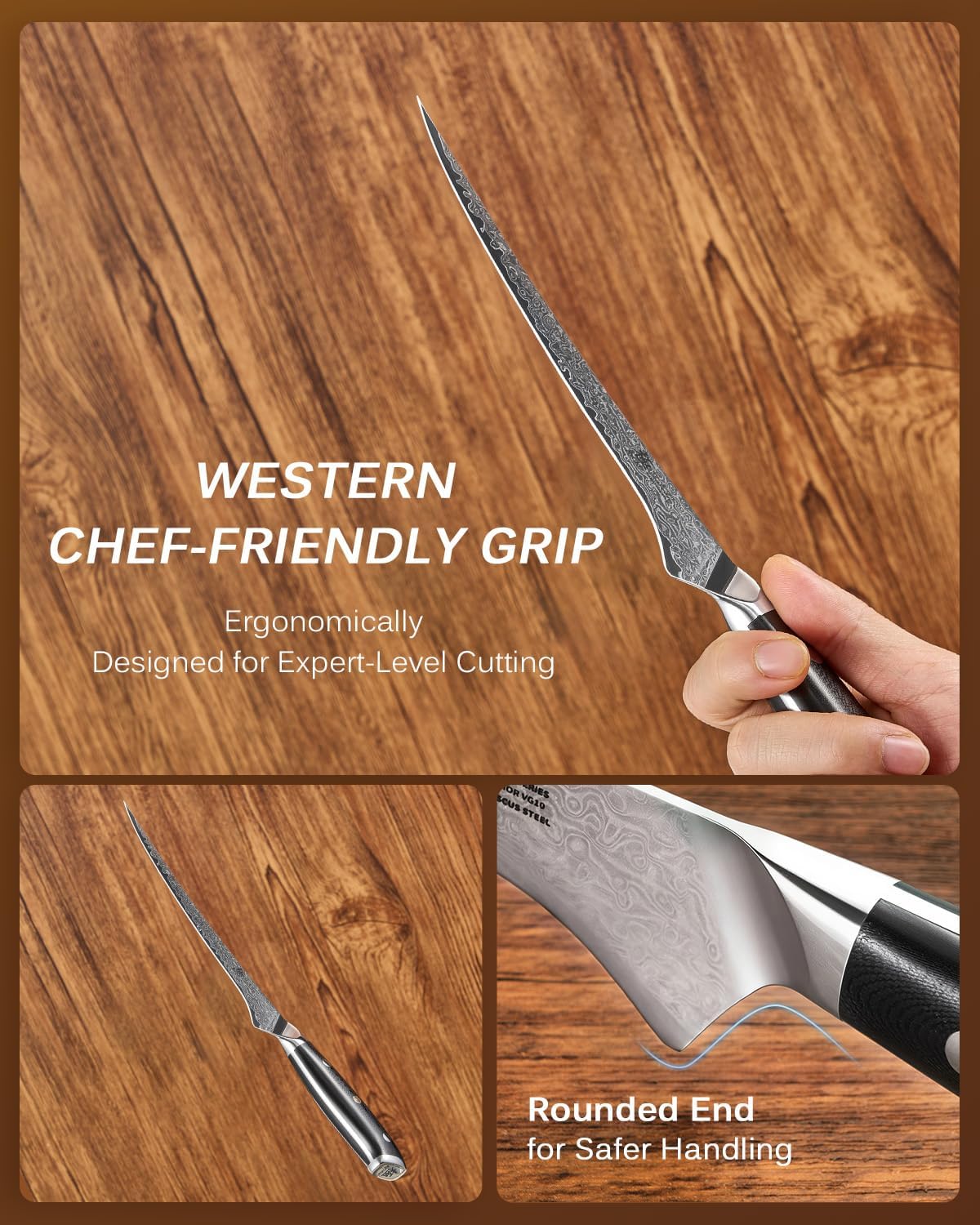 Gin Series Boning Knife, 7" Butcher Knife, Japanese VG10 Damascus Stainless Steel Kitchen Knife with Silver Ion Blade G10 Handle Mosaic Pin, Multipurpose Fillet Knife for Meat Fish & More