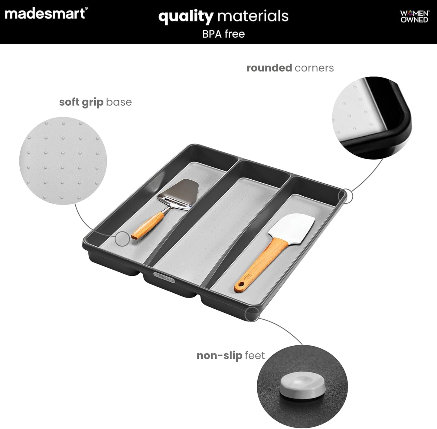 Classic Utensil Tray - Granite | CLASSIC COLLECTION | 3-Compartments | Kitchen Organizer | Non-slip Lining and Rubber Feet | Easy to Clean | BPA-Free Large