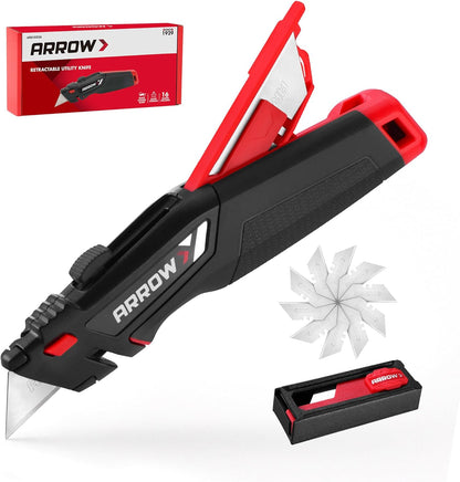 ARROW Retractable Utility Knife, Quick Change Box Cutter with 15 Blades | Blade Storage Design, Twine Cutter, Aluminum Body, TPE Grip, Heavy Duty Razor Knife, Shipping, DIY, Crafts